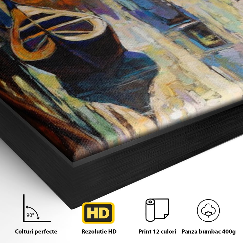 Detaliu al suprafetei: pictura canvas cu gondole in venetia, in rama de aluminiu negru